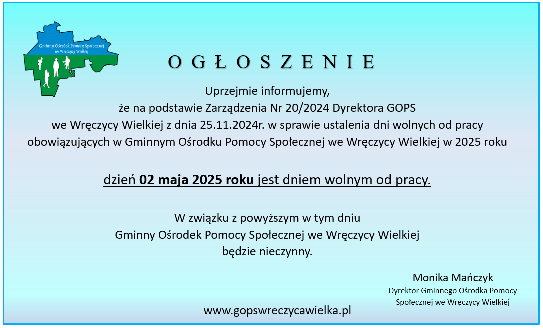 Informacja o  dniu wolnym od pracy w Gminnym Ośrodku Pomocy Społecznej 